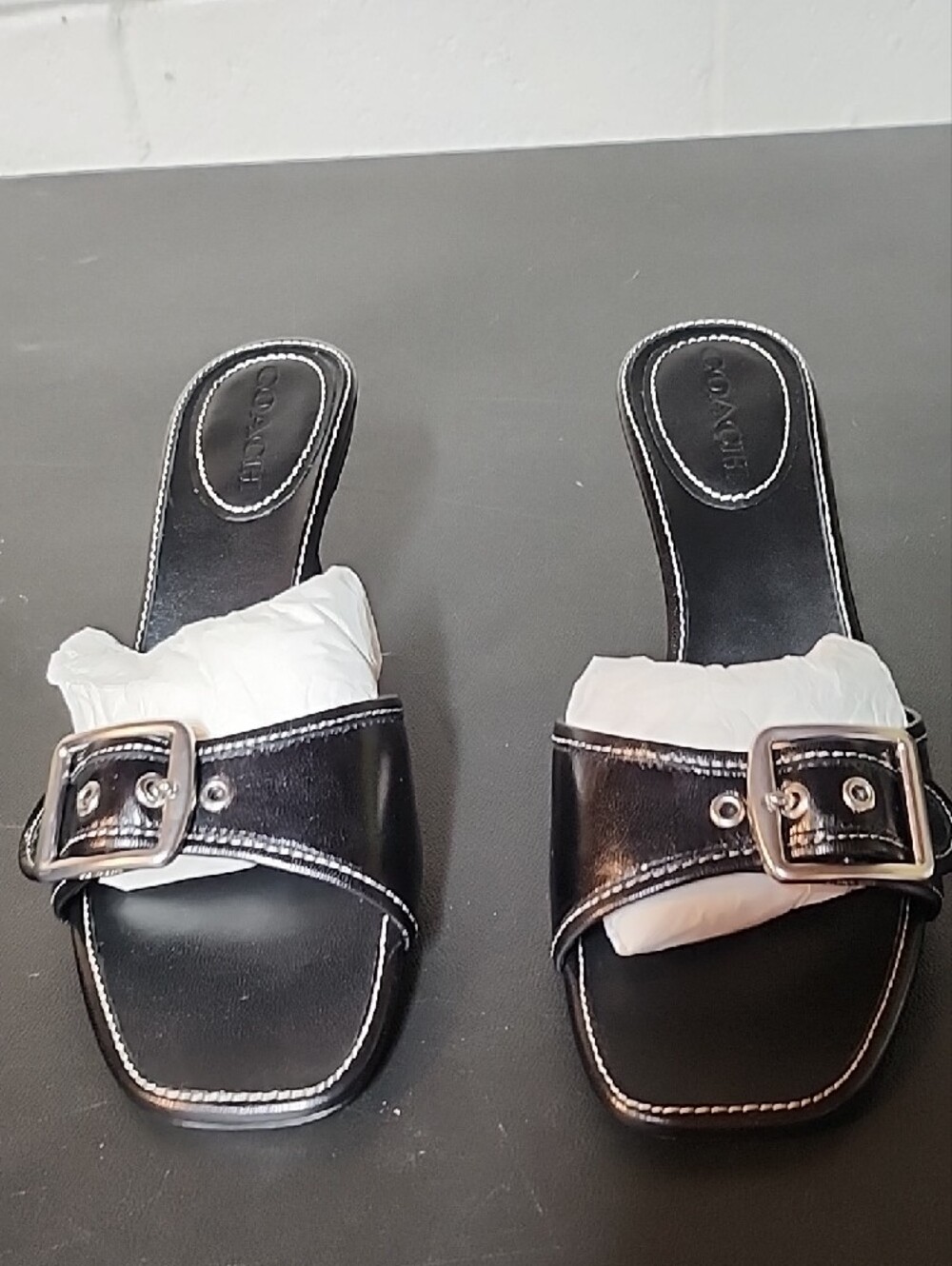 Coach Margo Black Leather Buckle Kitten-Heel Slides - Picture 3 of 10